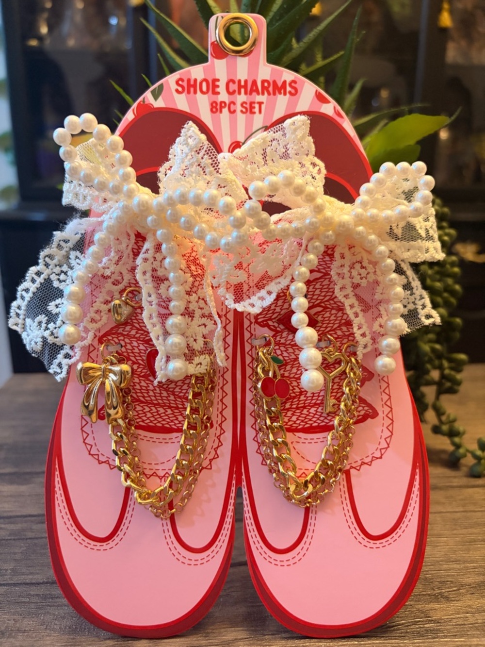 Pearl Lace Shoe Charms - Pink & Gold Charm Set-8pcs